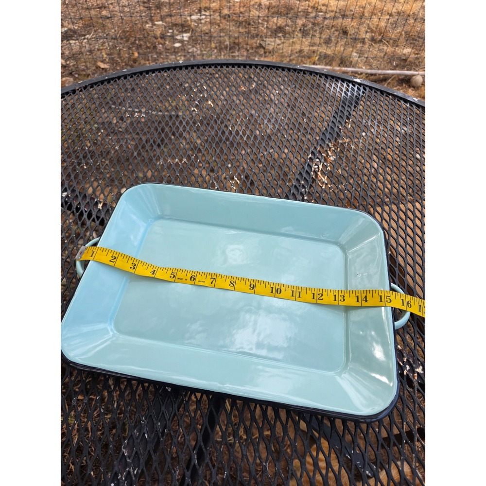 Turquoise Blue Enamelware Serving Tray Rectangular Platter Handles Black Rim - Picture 3 of 6